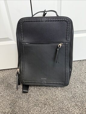 Calpak Kaya Laptop Black Leather Square Backpack with Woven Trim